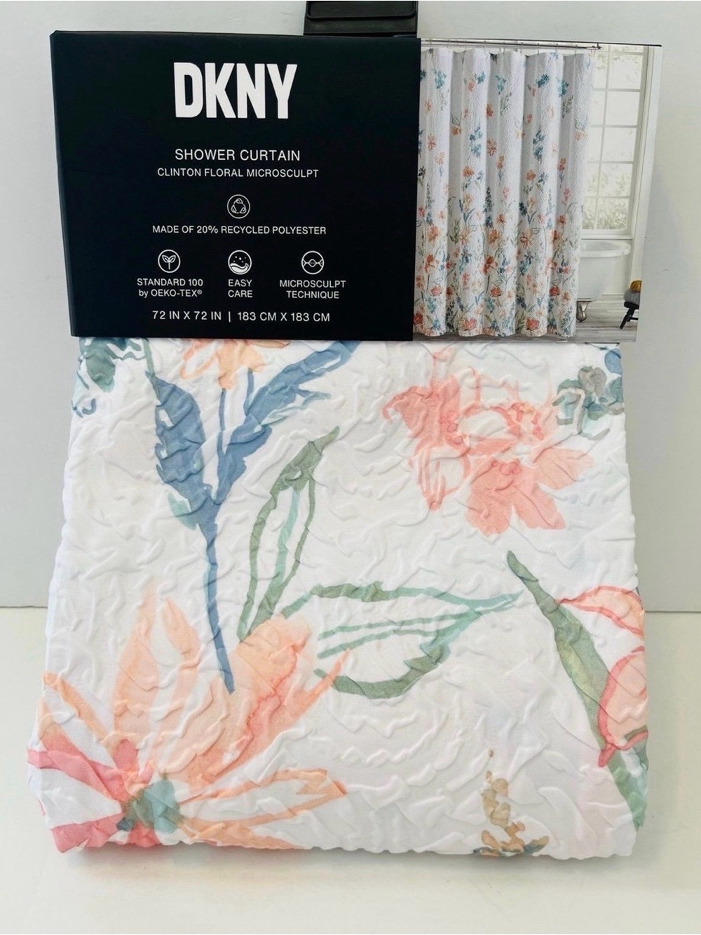 DKNY Clinton Floral Microsculpt Shower Curtain 72" x 72" White Blue Green Orange